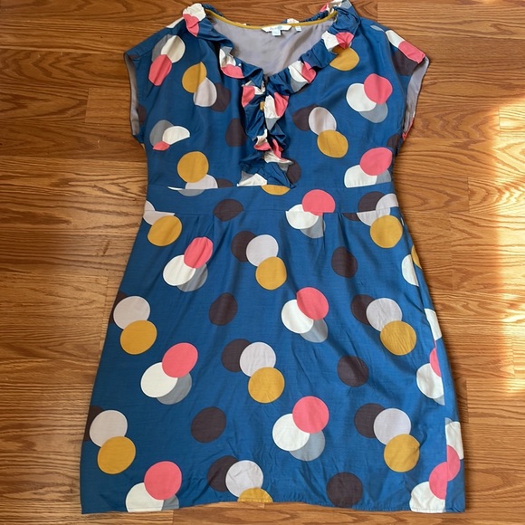 Boden Blue Polka Dot Silk Blend Short Sleeve Dress With Neck Ruffle Size U.S. 14 - Picture 5 of 11